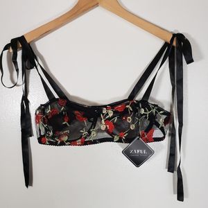 Zaful Sexy Sheer Black Bra with Red Rose Embroidery Size L